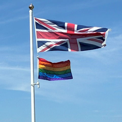 Photo of the Pride flag flying at the council offices in Little Stoke
