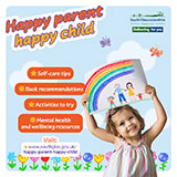 Happy Parent, Happy Child poster, which shows a child smiling whilst holding up a drawing of her family