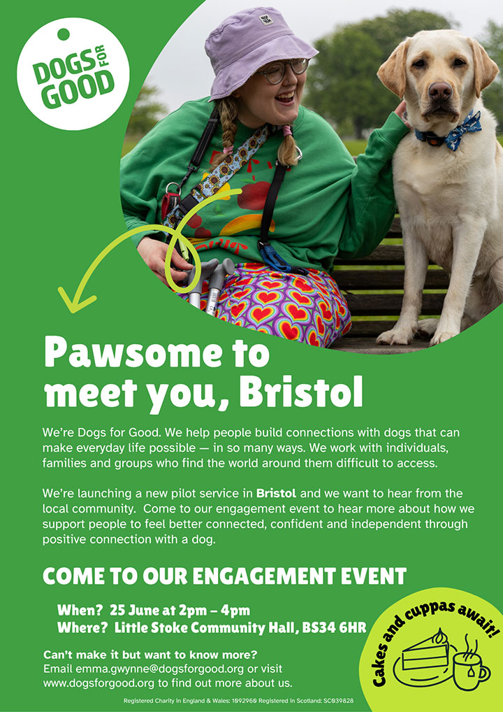 Poster advertising the Dogs for Good engagement event