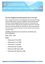 Poster advertising the Little Stoke Community Centre Beat Surgeries