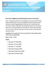 Poster advertising the Brooklands Park Community Centre Beat Surgeries