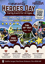Poster advertising the Community Heroes Day at Spitfire Hangar