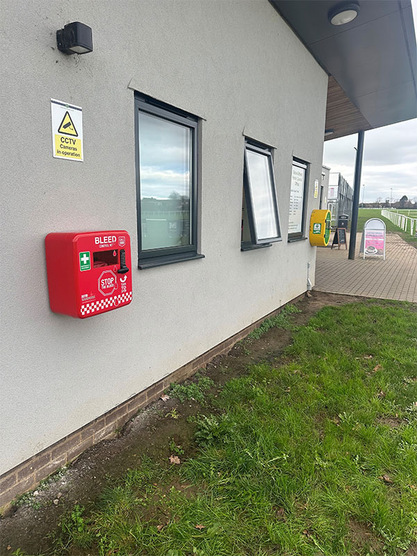 Photo of a bleed control kit located outside Little Stoke Community Hall